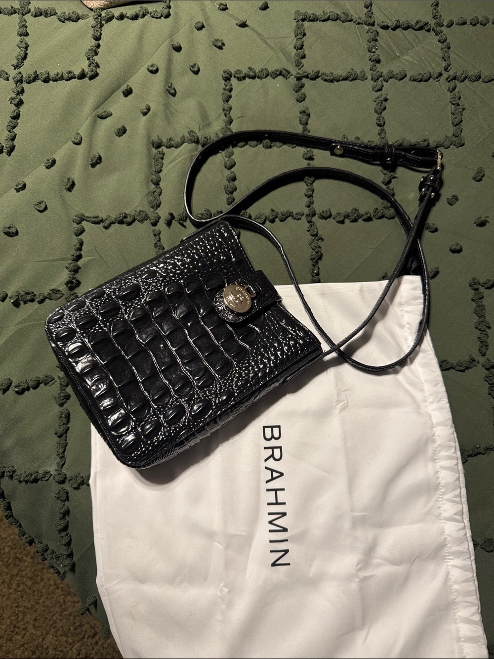 Brahmin Black Croc-Embossed Crossbody with Gold-Tone Hardware